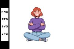 Young woman sitting cross-legged with purple sweater and blu Product Image 1