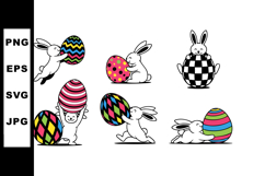 Easter bunnies with colorful patterned eggs playful festive Product Image 1