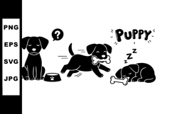 Cute black puppy playing sleeping with bone and food bowl ve Product Image 1