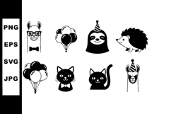 Cute animal party icons with balloons and hats vector illust Product Image 1