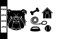 Bulldog face with dog bone leash bowl ball and doghouse vect Product Image 1