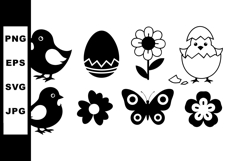 Easter chick eggs flowers and butterfly vector icons for spr Product Image 1
