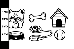 Bulldog dog face dog house bone leash bowl and ball black an Product Image 1