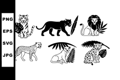 Wild big cats silhouettes with tropical leaves vector illust Product Image 1