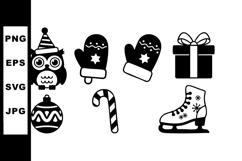 Winter holiday icons set with owl, mittens, gift box, bauble Product Image 1