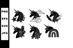 Black unicorn silhouette vector set with stars clouds crysta Product Image 1