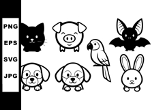 Cute black and white pet animal icons dog cat pig bat parrot Product Image 1