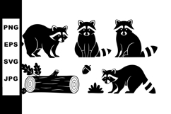 Raccoons with log acorn and leaves black silhouette vector i Product Image 1