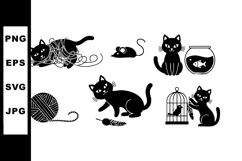 Black Cats Playing with Toys and Fish Bowl Vector Illustrati Product Image 1