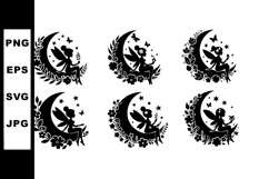 Fairy Sitting on Crescent Moon with Flowers and Stars Silhou Product Image 1