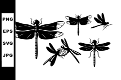 Black and white dragonfly silhouette vector illustration set Product Image 1