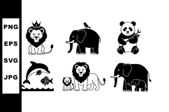 Black and white animal silhouettes including lion panda elep Product Image 1
