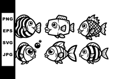 Six different cartoon style fish vector illustration in blac Product Image 1