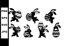 Easter bunny silhouettes holding decorated eggs in black vec Product Image 1