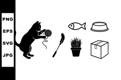 Cat playing with yarn ball and fish pet food bowl plant feat Product Image 1