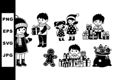 Children with Christmas presents and gingerbread cookie blac Product Image 1