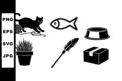 Cat with yarn ball fish bowl plant feather and box icons vec Product Image 1
