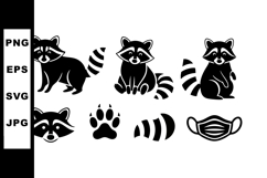 Raccoon icons set with mask and paw print silhouette vector Product Image 1