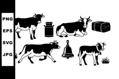 Cow vector illustration with milk jar bell hay and grass far Product Image 1