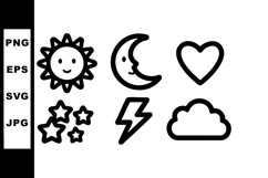 Sun moon heart stars lightning cloud simple black vector ico Product Image 1
