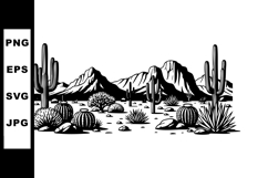 Desert landscape with cactus and rocky mountains black and w Product Image 1
