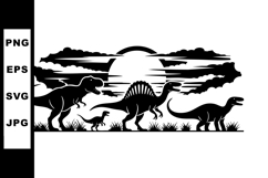 Dinosaur silhouettes with prehistoric landscape sunset vecto Product Image 1