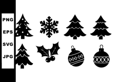 Christmas tree holly berry snowflake and ornament black silh Product Image 1