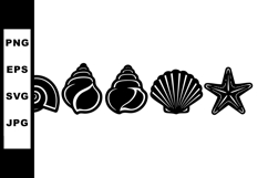 Set of black sea shells and starfish vector silhouette isola Product Image 1