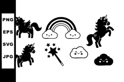 Unicorn silhouettes with rainbow clouds and magical wand vec Product Image 1