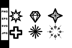 Set of six black geometric star and cross shapes vector icon Product Image 1