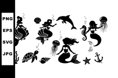 Silhouette mermaids with sea creatures and underwater elemen Product Image 1