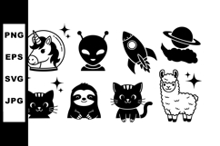 Cute black space-themed animals and alien vector illustratio Product Image 1