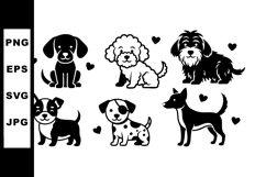 Cute black and white dog silhouettes with hearts vector illu Product Image 1