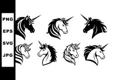 Unicorn heads set in vector silhouette and line art styles w Product Image 1