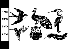 Silhouettes of Various Birds Including Peacock Owl Hummingbi Product Image 1