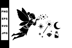 Fairy silhouette blowing magic stars with wand and moon fant Product Image 1