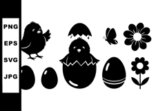 Black Silhouette Easter Eggs Chicks Butterfly and Flowers Ve Product Image 1