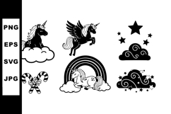 Black and white unicorns with clouds rainbow stars and candy Product Image 1