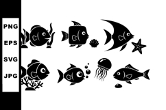 Ocean fish and sea life silhouettes with coral and starfish Product Image 1