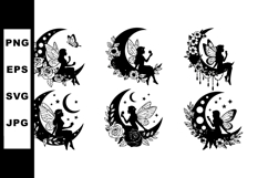 Silhouette fairy sitting on crescent moon with flowers and b Product Image 1
