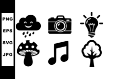 Black simple icons of cloud rain camera lightbulb mushroom m Product Image 1