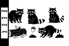Raccoon silhouettes with log and acorn woodland animal vecto Product Image 1