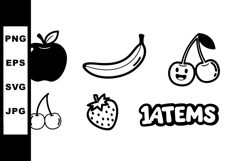 Black and white fruit icons including apple banana cherries Product Image 1