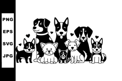 Group of happy dogs with hearts in monochrome vector illustr Product Image 1