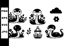 Cute cartoon snakes with flowers and lantern vector illustra Product Image 1
