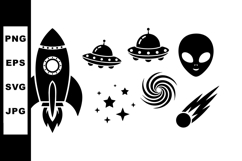 Space themed vector with rocket, flying saucers, alien head, Product Image 1