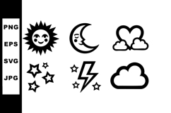 Sun moon clouds stars lightning simple black outline vector Product Image 1