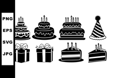 Birthday cake and gift box icons with candles and party hat Product Image 1