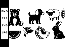 Silhouettes of Bear Puppy Sheep Rabbit and Fruit Vector Illu Product Image 1