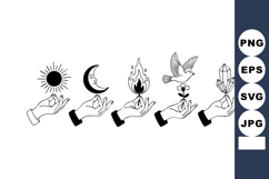 Hand holding sun moon fire dove and crystal symbols in black Product Image 1